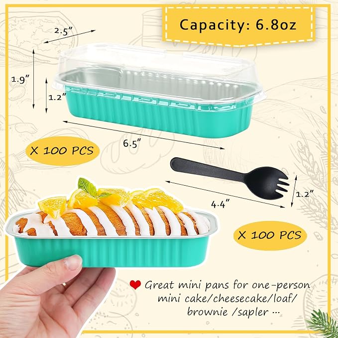 LNYZQUS Mini Cake Pans with Lids 100 Pack,Individual Foil Baking Tins,Disposable Mini Loaf Pans Small Cakes Tin Cupcake Containers for Bakery Bake Sale-Cyan Blue,6.8oz