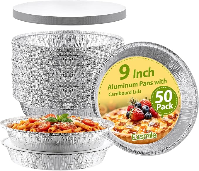 50 Pack 9 Inch Round Aluminum Pans with White Cardboard Lids - Disposable Tin Foil Pans, Food Containers for Cake Baking, Cooking, Reheating, Roasting, Storage