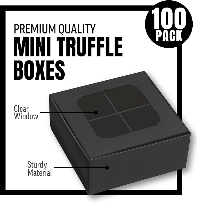 100 pcs Black Mini Truffle Box for 4 Treats with Window and Dividers, Bakery Boxes, 3.5 x 3.5 x 1.57 Inches VERY SMALL Baking Boxes for 4 Treats, Square Truffles Box for Gift Giving