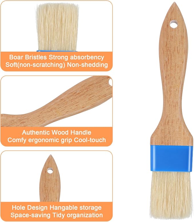 2 Pcs Pastry Brush for Cooking and Basting, Natural Boar Bristle Basting Brush with Heat Resistant Wooden Handle, Food Grade Butter Brushes for Cooking, Baking, Butter, Egg Wash, Oil, Sauce, Marinade