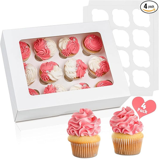 ZORRITA 12 Count Cupcake Boxes, 4 Pack, White | Auto-Popup, With Window & Inserts, Cupcake Carrier Containers, Fits Dozen Cupcakes Muffins
