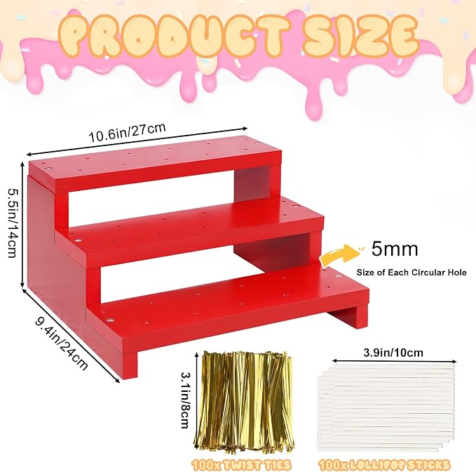 Cake Pop Stand, 3 Tier Wood Cake Pop Holder Display Risers with Twist Ties Lollipop Sticks, 33 Hole Lollipop Holder for Dessert Table of Wedding Birthday Party (Red-1P)