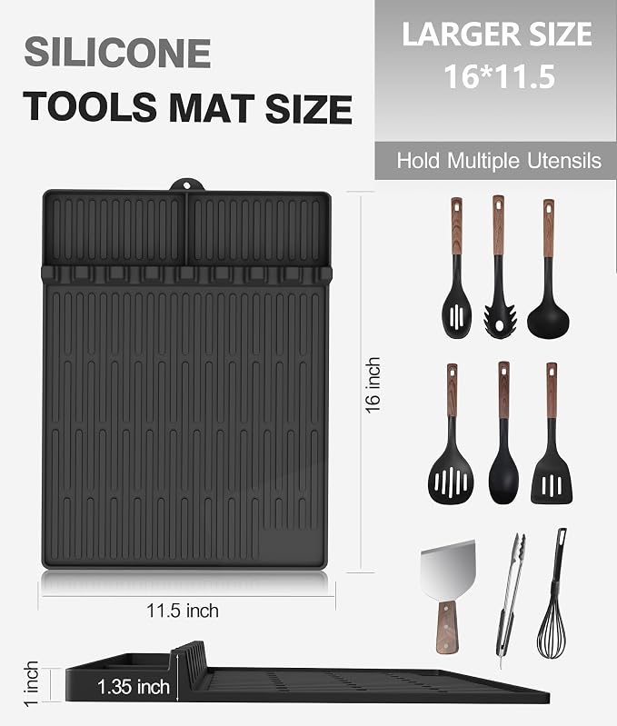 Silicone Griddle Tools Mat for Blackstone - Large Silicone Spatula Mat with Drip Pad - Griddle Mats BBQ Grill Accessories - Blackstone Griddles Accessories, Gifts for Men(Black)