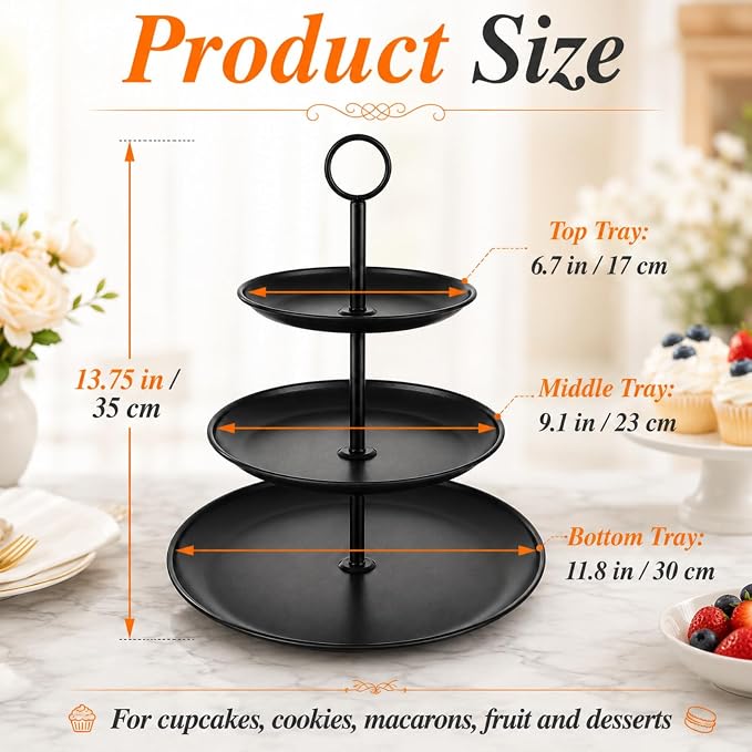 YOUNTHYE Black Cupcake Stand 3 Tier, Stainless Steel Tiered Dessert Stand for Wedding, Birthday, Tea Party, Holiday Dessert Table, Serving Tray for Cupcakes, Cookies, Macarons and Fruit