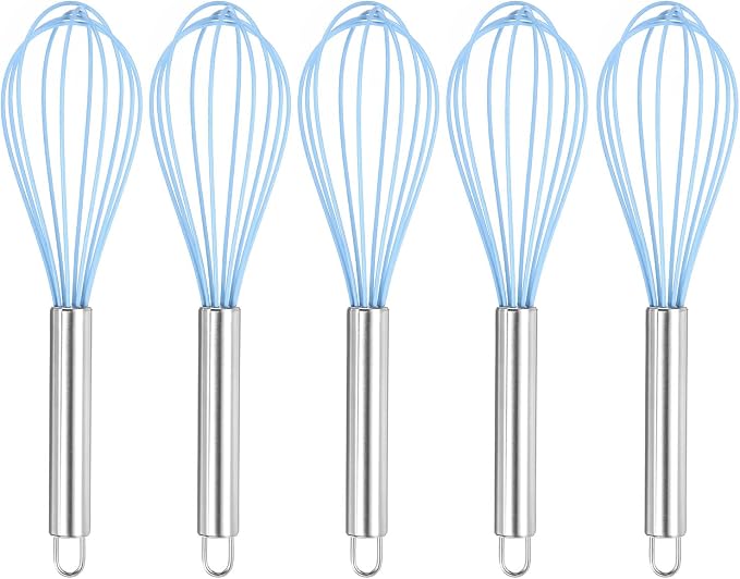 HARFINGTON 5Pcs Silicone Whisk 10" Kitchen Whisk Wire Whisks Beater with Stainless Steel Handle for Egg Milk Whisking Blending Beating & Stirring, Blue