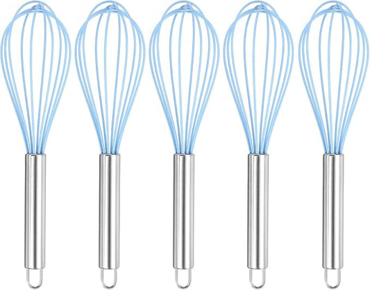 HARFINGTON 5Pcs Silicone Whisk 10" Kitchen Whisk Wire Whisks Beater with Stainless Steel Handle for Egg Milk Whisking Blending Beating & Stirring, Blue