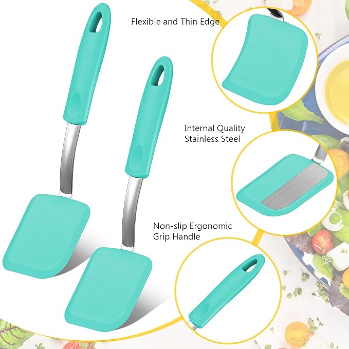Silicone Cookie Spatula Turner 2 Pack Mini Brownie Spatula Flexible Kitchen Small Silicone Turner for Nonstick Cookware Heat Resistant No Scratch Flipper for Pancake(Solid Flat,Green)