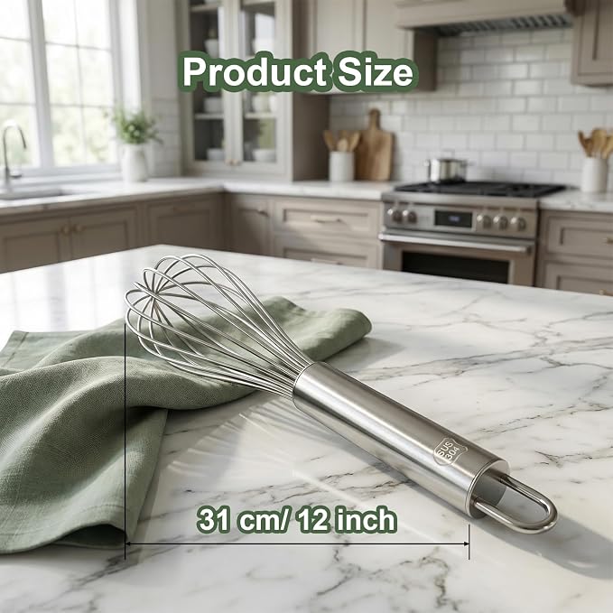 304 Stainless Steel Whisk, 16 Wires Heavy Duty Kitchen Whisk for Mixing Whipping Eggs, Cream, Batter (12 inch)