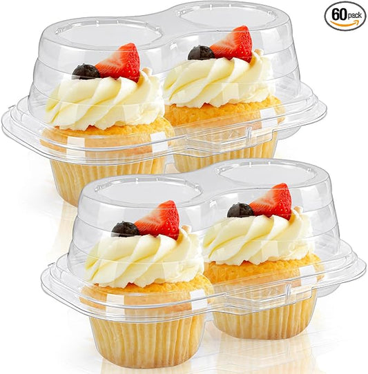Jeffbaubl 60 Pcs 2 Cavity Cupcake Boxes,Clear Plastic Cupcake Containers,2-Compartment Cupcake Carrier Holder Box with Lids,Stackable Disposable Cupcake Holder for Muffins Pies