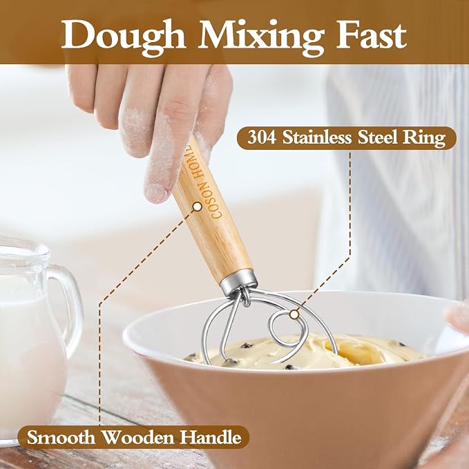 Pack of 2 Danish Dough Whisk, 13.5 Inch Stainless Steel Dough Blender for Sourdough Bread & Pastry, Wooden Handle Baking Mixing Tool for Batter, Pancake, Pizza – Easy to Clean
