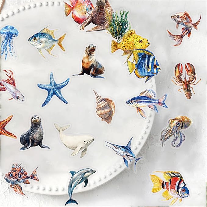 50pcs Marine Organism Transparent PET Stickers for Journaling Supplies, Lovely Sea Fish Sticker for Scrapbooking, Skateboard, Bicycle, Water Cup, Gift for Teenagers(colourful-B12)