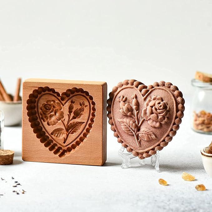 Carved Wooden Gingerbread Cookie Mold,3D Wooden Baking Mold Cookie Biscuit Press Stamp Molds,Cookie Cutter,Cookie Stamp,DIY Biscuit Stamp Mould for Halloween Thanksgiving Christmas(Rose of Love)