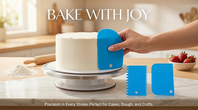 Cake Decorating Scraper Set, 6 Piece Plastic Icing Smoother Tools, Serrated and Flat Edge Dough Scrapers for Baking, Pastry, Bread, Pizza, 2.95-4.81 Inch (blue)