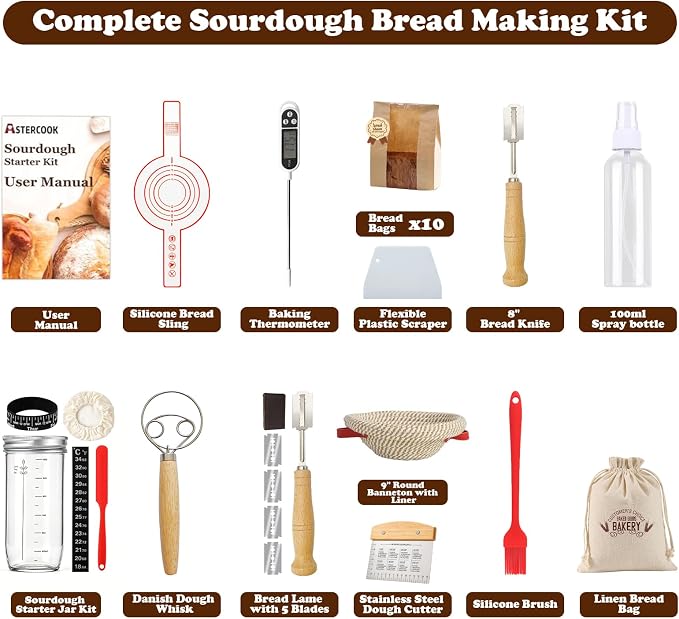 Sourdough Starter Kit, 13 PCS Bread Making Kit with 24 oz Sourdough Starter Jar, 9” Banneton Proofing Basket, Dough Whisk, Bread Lame, Thermometer, Bread Knife for Beginners and Home Bakers