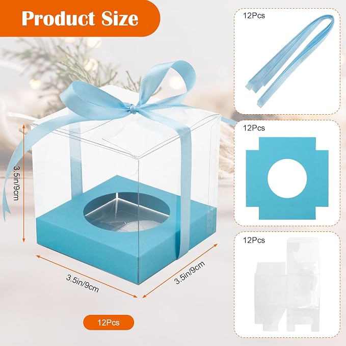 12 Pack Clear Plastic Cupcake Boxes, 3.5 Inch Gold Single Cupcake Containers Disposable Individual Cup Cake Carrier Holder Boxes with Inserts and Ribbon (Blue)