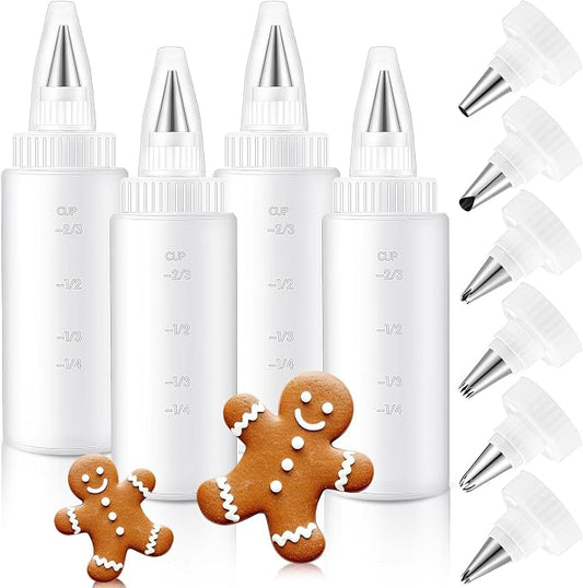 LemonRoad 4 Pcs Piping Bottles for Icing Cookie Decorating Supplies Plastic Squeeze Bottles with 6 Different Piping Tips for Cookie Icing Kit Pancake Squeezing Applicator Writer(4 oz)