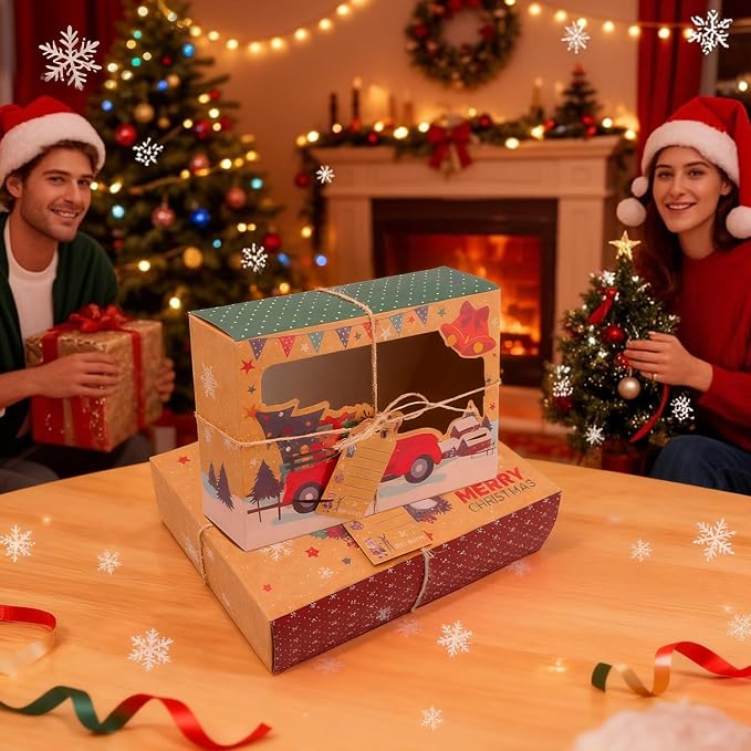 12 PCS Christmas Cookie Boxes for Gift Giving, Christmas Bakery Treat Boxes with Window, Holiday Cookie Boxes with Ribbons and Tags for Xmas Party Supplies Cookie Containers Treat Tins