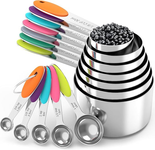 TILUCK Nesting Measuring Cups and Spoons Set, Stainless Steel with Soft Silicone Handle – Heavy Duty & Dishwasher Safe for Measuring Dry/Liquid Ingredients, Ideal for Cooking & Baking (12)