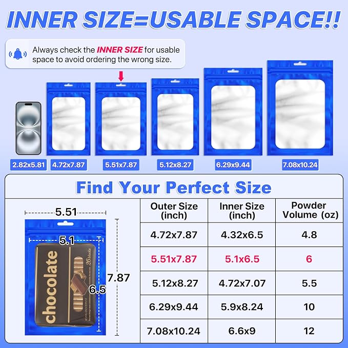 100 PCS Resealable Mylar Bags with Frosted Clear Window Packaging Bags Foil Pouch Zipper Bag for Food Self Sealing Storage Supplies (5.51x7.87, Blue)