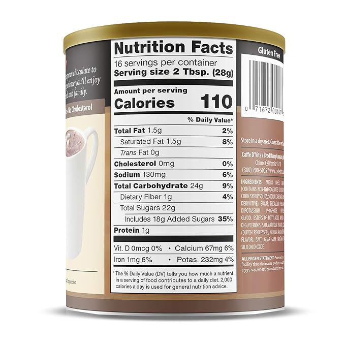 Caffe D'Vita Hot Cocoa Mix - Hot Chocolate Mix, Gluten Free, Low Fat, No Cholesterol, No Hydrogenated Oils, No Trans Fat, Kosher, Hot Cocoa Powder Mix Bulk 1 lb. can (16 oz.)