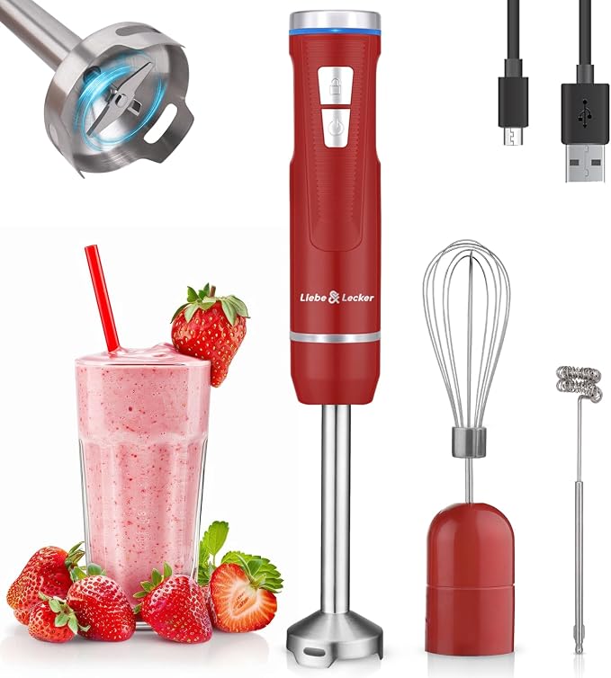 Liebe&Lecker Cordless Immersion Blender, 3-in-1 Handheld Stick Blender | Rechargeable Electric Mixer Set with Whisk & Milk Frother, 8-Speed Hand Blender for Shakes, Soups, Coffee, Zero BPA (Red)