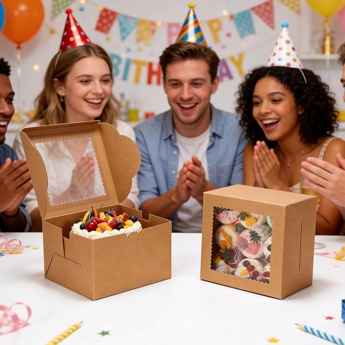 COTOPHER 50 Pcs Cake Boxes 8 Inch, 8x8x5 Inches Cake Containers (25 Boxes & 25 Boards), Brown Bakery Boxes with Windown for Cookies, Desserts, Cupcake, Pastries, Birthday, Wedding, Mother's Day