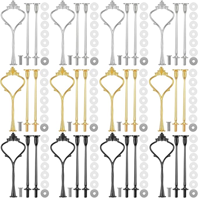 Patelai 12 Sets 3 Tier Cake Stand Hardware Tiered Tray Plate Hardware Kit Heavy Metal Cake Fruit Food Plate Stand Fitting Stacking Kit for Serving Dessert Cupcake Dish (Simple,Black,Silver,Gold)