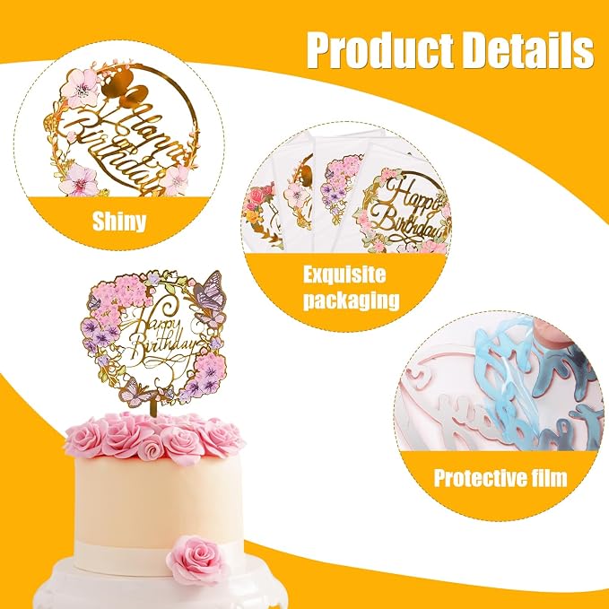 LOKIPA 6PCS Happy Birthday Cake Toppers, Flower Acrylic Cupcake Cake Toppers Gold Cake Topper for Birthday Party Anniversary Decorations