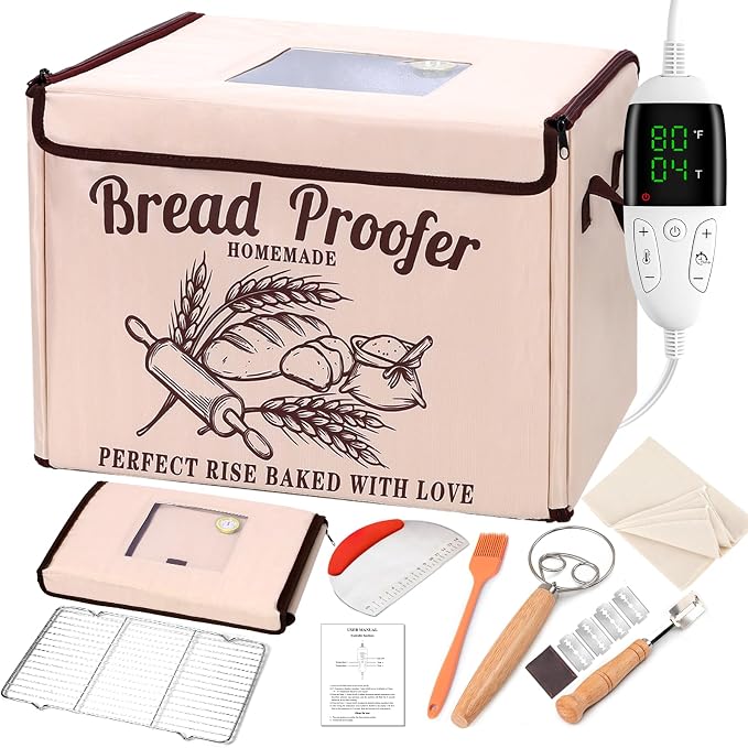 Foldable Bread Proofing Box, Sourdough Proofer Warming Box Yogurt Maker with Lame, Scraper, Metal Rack, Whisk & Silicone Brush | 50–113°F,48H Timer, Home Baking Supplies, Holiday & Housewarming Gifts