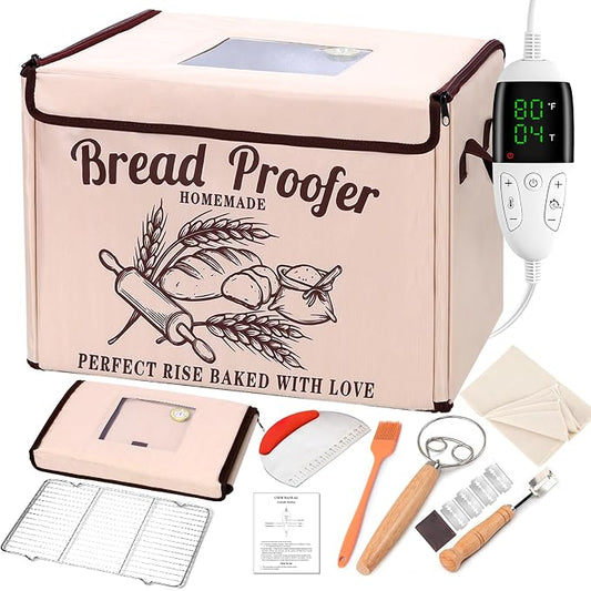 Foldable Bread Proofing Box, Sourdough Proofer Warming Box Yogurt Maker with Lame, Scraper, Metal Rack, Whisk & Silicone Brush | 50–113°F,48H Timer, Home Baking Supplies, Holiday & Housewarming Gifts