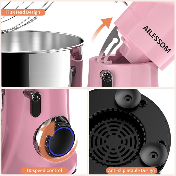 SAMSAIMO 3-IN-1 Electric Stand Mixer, 10-Speed With Pulse Button, Attachments include 6.5QT Bowl, Dough Hook, Beater, Whisk for Most Home Cooks, Sakura Pink
