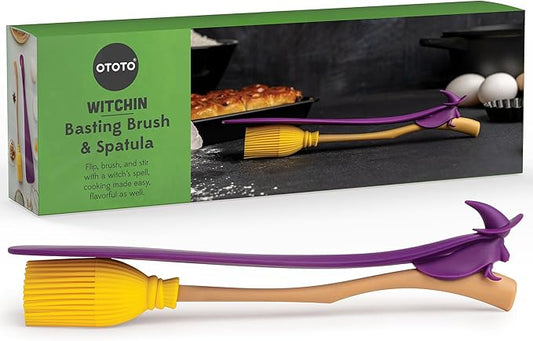 OTOTO Jar Spatula and Pastry Brush - Silicone Heat Resistant and Basting Brush, Cooking and Baking Spatula, Spooky Witchy Gifts, Gothic Kitchen Halloween Gifts, Unique Kitchen Gadgets (Witchin)