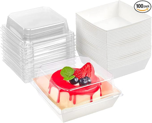 Kucoele Charcuterie Boxes with Clear Lids, 4 Inches, 100 Pack, White | Disposable, Oil-Proof, Paper, Food Containers, For Sandwich, Cookie, Dessert, Cupcake, Chocolate Covered Strawberry