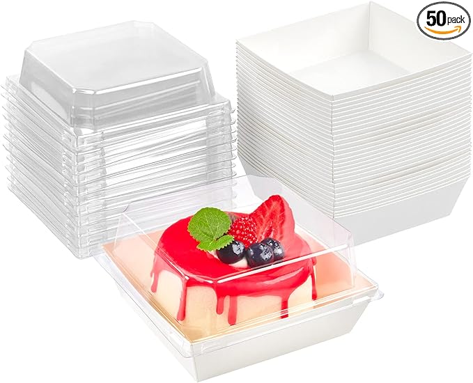 Kucoele Small Charcuterie Boxes with Clear Lids, 4 Inches, 50 Pack, White | Disposable, Paper, To Go Food Containers, For Cookie, Cake Slice, Mini Cake, Bakery, Dessert, Chocolate Strawberry