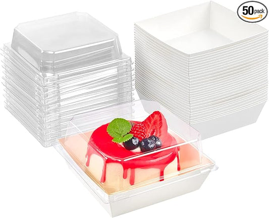 Kucoele Small Charcuterie Boxes with Clear Lids, 4 Inches, 50 Pack, White | Disposable, Paper, To Go Food Containers, For Cookie, Cake Slice, Mini Cake, Bakery, Dessert, Chocolate Strawberry