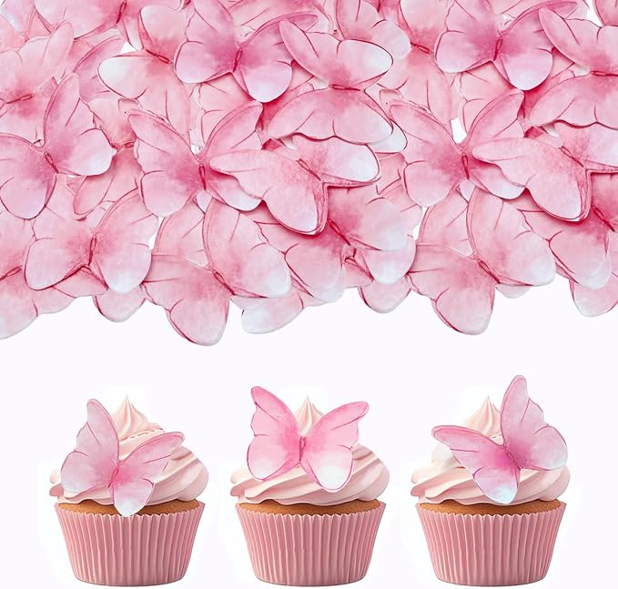 52 pieces edible wafer paper butterfly cake decoration, suitable for weddings, birthdays, Christmas parties to decorate cookies, donuts, cocktails, cupcake tops (Watercolor pink)