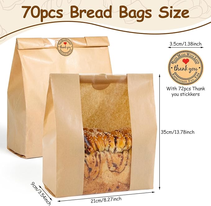 70 Pcs of Bread Bags for Homemade Bakery Bread, Sourdough Bag with Window, 13.7 x 8.3 x 3.5 Inch Large Kraft Bakery Bags with 72 Sealing Stickers, Packaging and Storage of Baked Goods