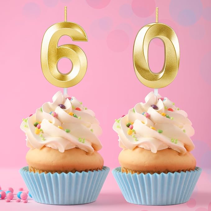 60th Birthday Candles for Cake,Gold Number Candles for Happy Birthday Cake Toppers,Birthday Decorations for Women Men Party Anniversary Wedding