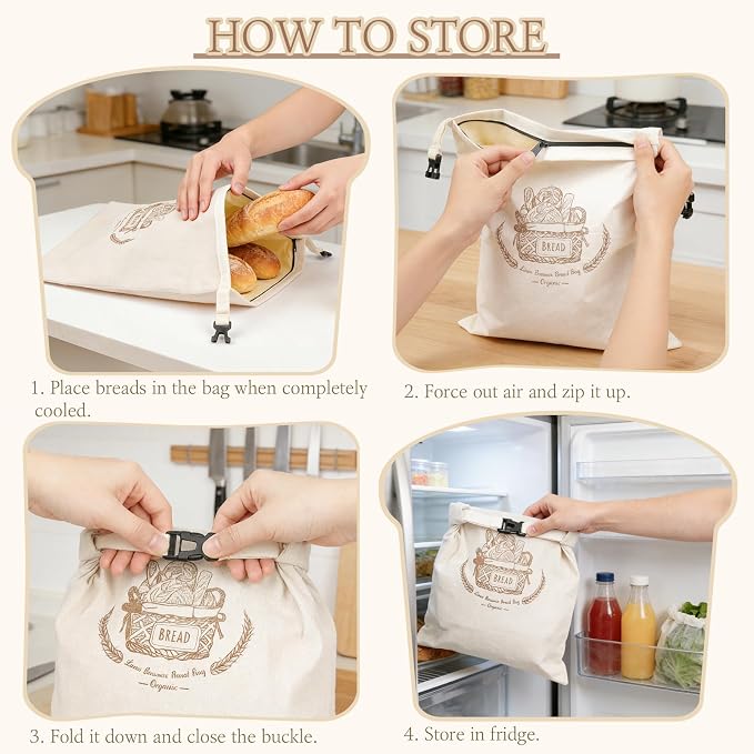 VIS'V Linen Cotton Beeswax Bread Bag with Zippper, 16.7 x 12.8 In, 1 Pcs | XL Size, Dual Seal, Reusable, Freezer Safe, Fits for Homemade Breads, Sourdough, Store Bought Breads