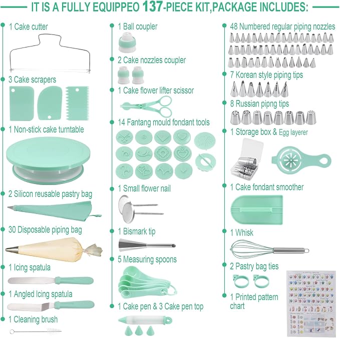 137 Pcs Cake Decorating Kit, Cake Decorating Set with Cake Turntable, Cake Decorating Tools, 3 Cake Scrapers, 2 Spatulas, 32 Piping Bags, for Beginners or Professional