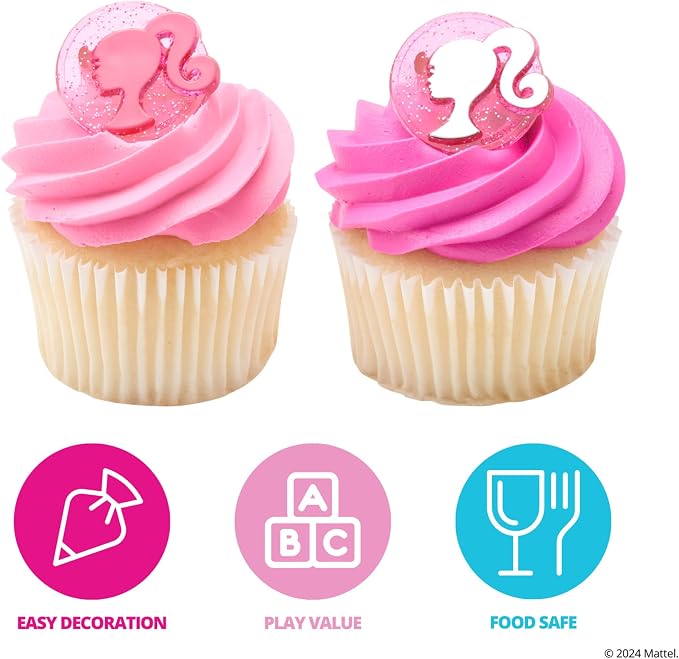 DecoPac Barbie Rings, 24 Barbie Silhouette Cupcake Decorations, Pink Glitter Cake Toppers For Birthday, Parties, Celebrations - 24 Pack