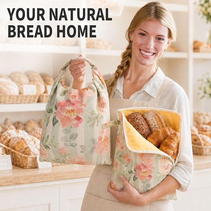 2 Pack Reusable Beeswax Bags for Sourdough Bread, 17"x 12", Floral | Bread Storage Bags with Zipper and Buckle, Wax-Lined Cotton-Linen Bags for Baguettes, Bagels, and Pastries