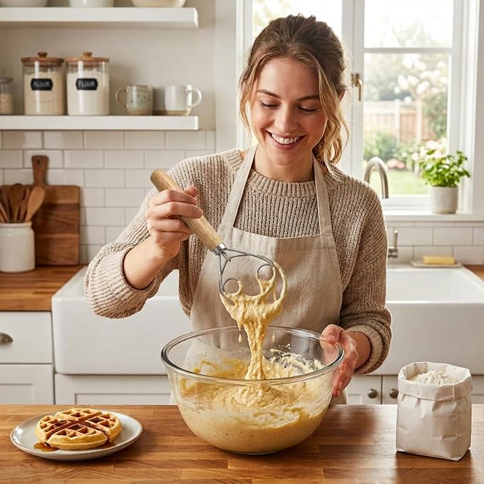 Danish Dough Whisk for Sourdough Bread, Stainless Steel with Wooden Handle, Manual Mixer Tool for No Knead Bread, Pizza and Baking