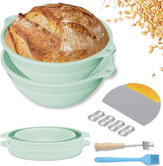 Upgraded 2 Pack Silicone Banneton Bread Proofing Baskets Set - Reinforced Rim Support & Dual Handles, Sourdough Starter Kit, 9 Inch Round Foldable Sourdough Baking Basket (Green, Green)