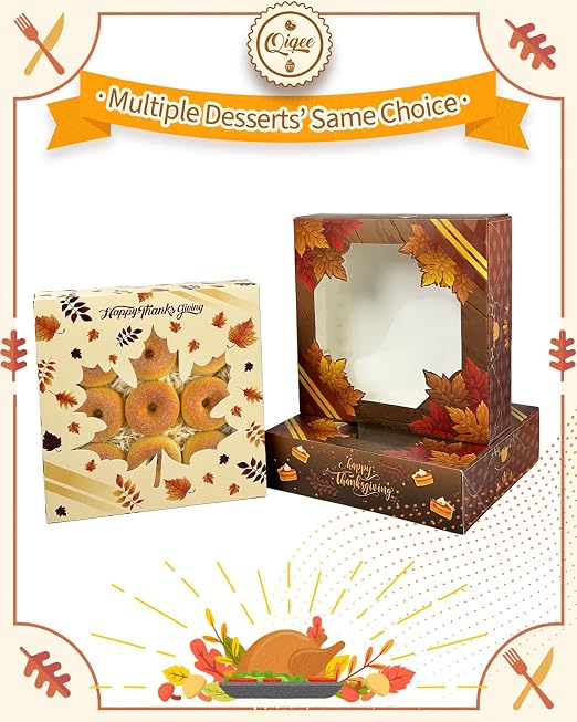 qiqee Thanksgiving Pie Boxes with Window 10x10x2.5 Inch 12Packs Cookie Donut Bakery Box