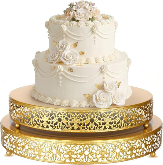 Wenqik 2 Pack Cake Stand Set, 14/16 Inch Metal Round Cupcake Dessert Stand Decorative Elegant Cake Display for Weddings Party Birthday Baby Showers Anniversary (Floral Lace,Gold)