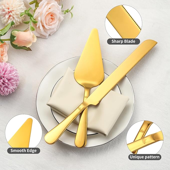 SANEXC Cake Cutting Set for Wedding - Extended Cake Knife And Server Set Thickened Stainless Steel Cake Cutter and Pie Spatula Great for Birthday Anniversary Christmas Gift Gold 2 Pcs