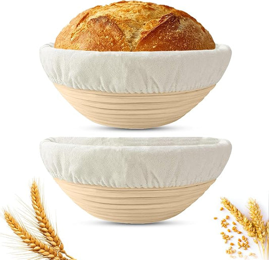 Banneton Bread Proofing Basket, 2 Pack 9-Inch Round Sourdough Proofing Baskets With Linen Liner for Bread Baking, Round Rattan Dough Rising Bowl for Homemade Artisan Loaves