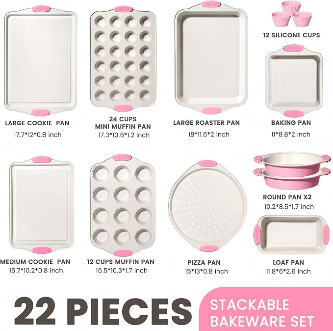 Kikcoin 22 PCS Nonstick Baking Pans Set, Stackable Bakeware Sets with Silicone Handles, 450°F Oven Safe Baking Sheet Set, Easy Release Cookie Sheets for Baking, Pink