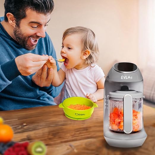 EVLA'S Baby Food Maker, Steamer, Blender, Baby Food Processor for Healthy Homemade Baby Food in Minutes, Touch Screen with 6 Reusable Food Pouches, Baby Registry Essential, Grey